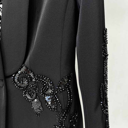 Black Embroidery Wide-Leg Pantsuit V Neck One Button Event Suit