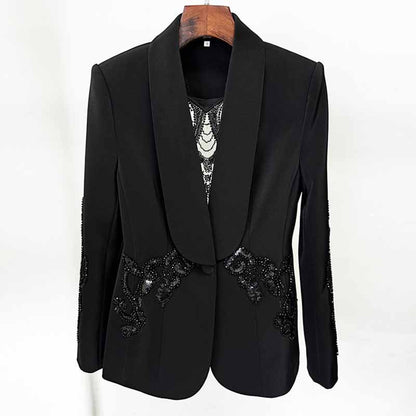 Black Embroidery Wide-Leg Pantsuit V Neck One Button Event Suit