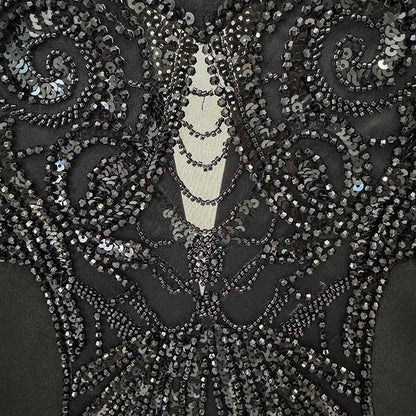 Black Embroidery Wide-Leg Pantsuit V Neck One Button Event Suit