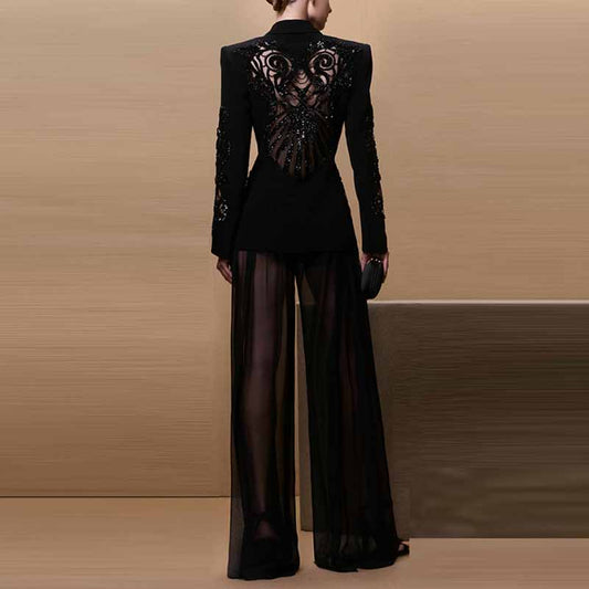 Black Embroidery Wide-Leg Pantsuit V Neck One Button Event Suit