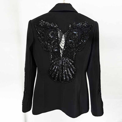 Black Embroidery Wide-Leg Pantsuit V Neck One Button Event Suit