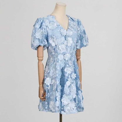 Floral Embroidered Puff Sleeve Mini Dress