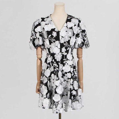 Floral Embroidered Puff Sleeve Mini Dress