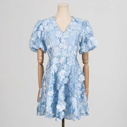 Floral Embroidered Puff Sleeve Mini Dress