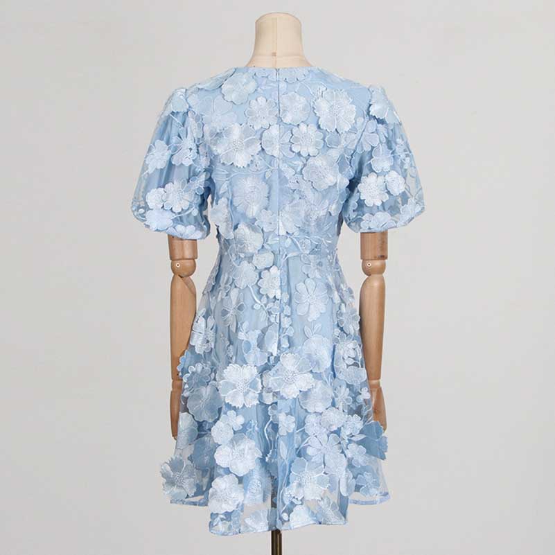 Floral Embroidered Puff Sleeve Mini Dress