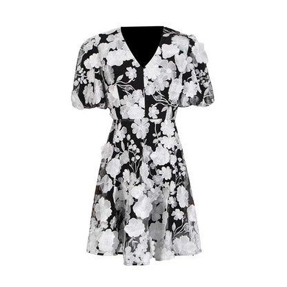 Floral Embroidered Puff Sleeve Mini Dress
