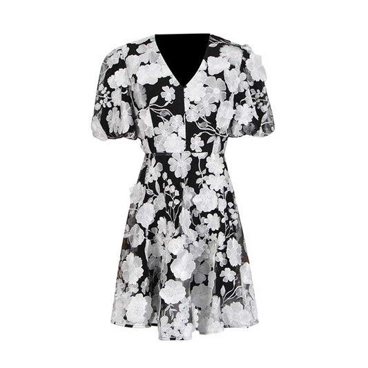Floral Embroidered Puff Sleeve Mini Dress
