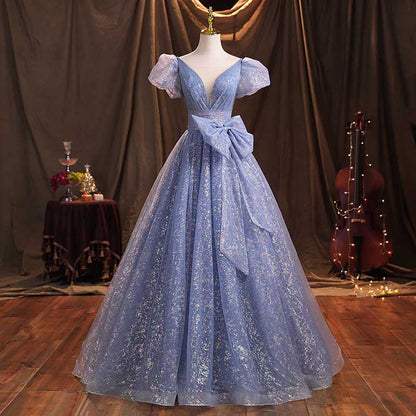 Blue Tulle Prom Dress Bow Detail Ball Gown Dress