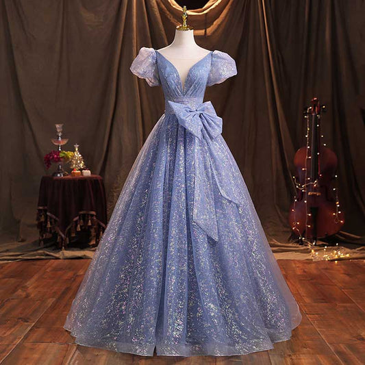 Blue Tulle Prom Dress Bow Detail Ball Gown Dress