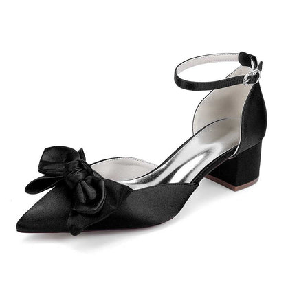 Bow-knot Wedding Shoes Satin Block Heel Point Toe Bridesmaid Shoes
