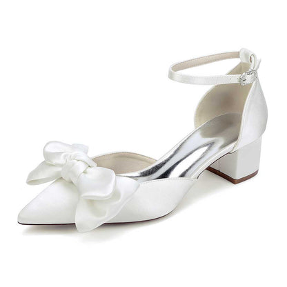 Bow-knot Wedding Shoes Satin Block Heel Point Toe Bridesmaid Shoes