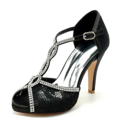 3.94" Platform Bridal Shoes Lace Rhinestones Sandals Peep Toe Stiletto