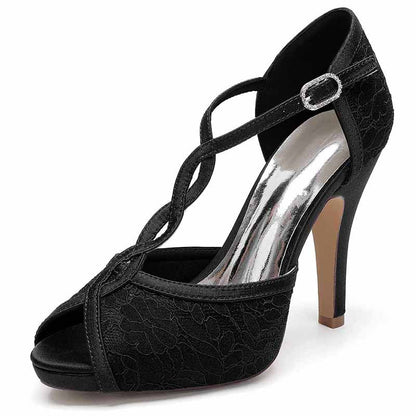 3.94" Satin Bridal Shoes For Wedding Lace Sandals Peep Toe Stiletto