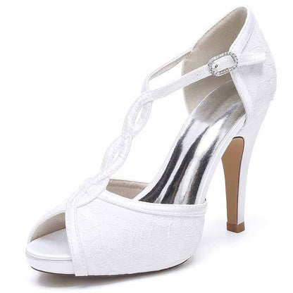 3.94" Satin Bridal Shoes For Wedding Lace Sandals Peep Toe Stiletto
