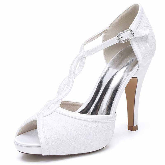 3.94" Satin Bridal Shoes For Wedding Lace Sandals Peep Toe Stiletto