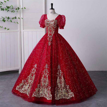 Burgundy Sequin Lace Quinceanera Dress Evening Prom Gown