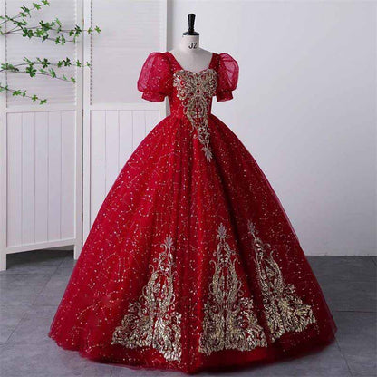 Burgundy Sequin Lace Quinceanera Dress Evening Prom Gown