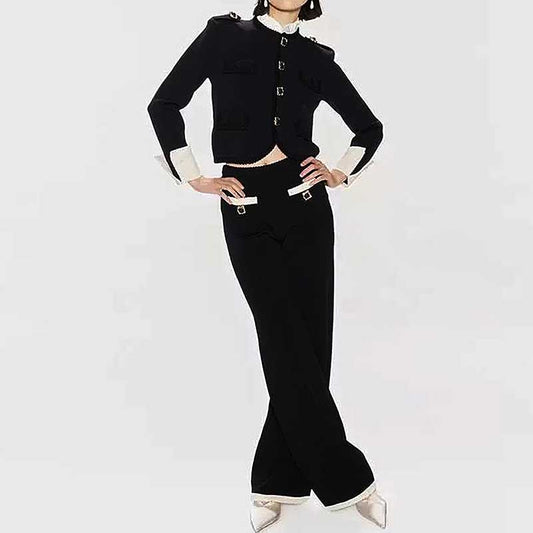 Wide-Leg Pantsuit Black Round-Neck Suit