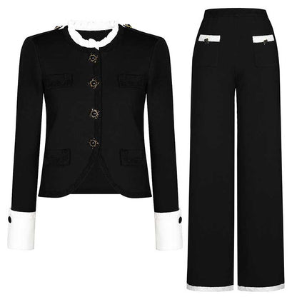 Wide-Leg Pantsuit Black Round-Neck Suit