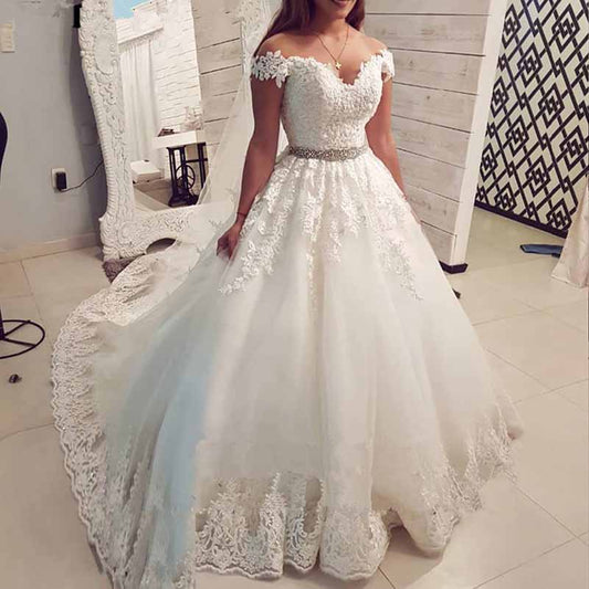 Wedding Dresses Off Shoulder Lace Applique A-line Gowns With Crystal Belt