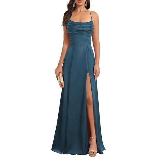 Long Satin Prom Dress with Spaghetti Straps Sleek, Sexy Ball Gown