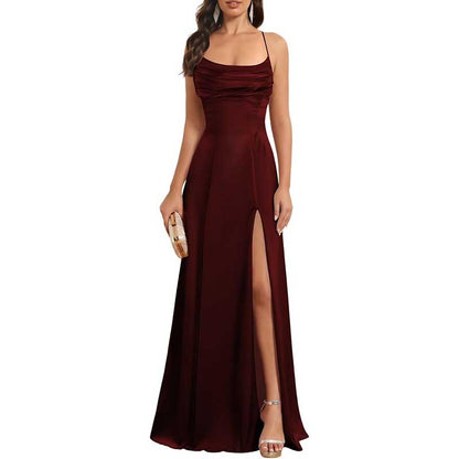 Long Satin Prom Dress with Spaghetti Straps Sleek, Sexy Ball Gown