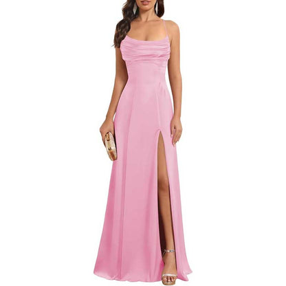Long Satin Prom Dress with Spaghetti Straps Sleek, Sexy Ball Gown