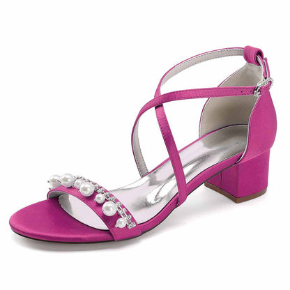 Chunky Heel Dress Shoes Prom Dress Sandals Pearls Crossing Straps Shoes