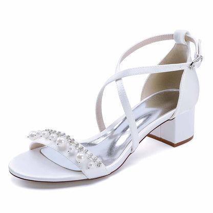 Chunky Heel Dress Shoes Prom Dress Sandals Pearls Crossing Straps Shoes