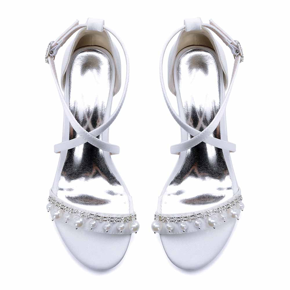 Chunky Heel Dress Shoes Prom Dress Sandals Pearls Crossing Straps Shoes
