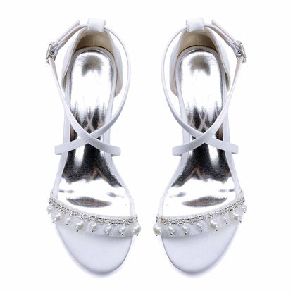 Chunky Heel Dress Shoes Prom Dress Sandals Pearls Crossing Straps Shoes