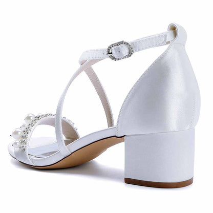 Chunky Heel Dress Shoes Prom Dress Sandals Pearls Crossing Straps Shoes
