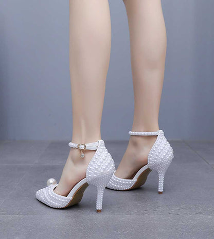 Closed Toe Wedding Shoes Pearls Detail Bridal Heels Prom Shoes