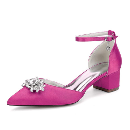 Wedding Shoes Satin Chunky Heel Crystal Detail Ankle Strap Dress Shoes