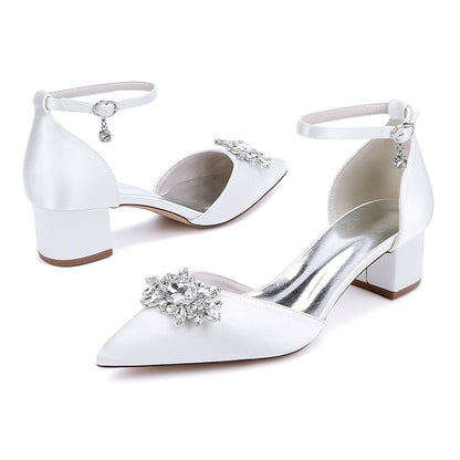 Wedding Shoes Satin Chunky Heel Crystal Detail Ankle Strap Dress Shoes