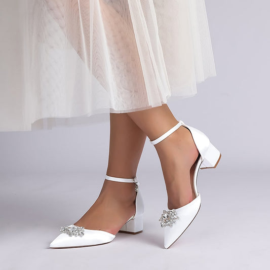 Wedding Shoes Satin Chunky Heel Crystal Detail Ankle Strap Dress Shoes