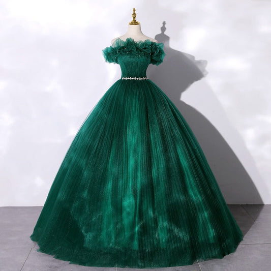 Custom Made Off-shoulder Emerald Green Ball Gown With Flowy Skirt