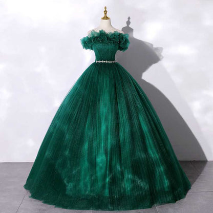 Custom Made Off-shoulder Emerald Green Ball Gown With Flowy Skirt