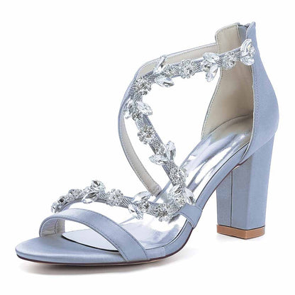 Dress Sandals Chunky Heel Open Toe Bridal Heels Crystal Crossing Straps Shoes