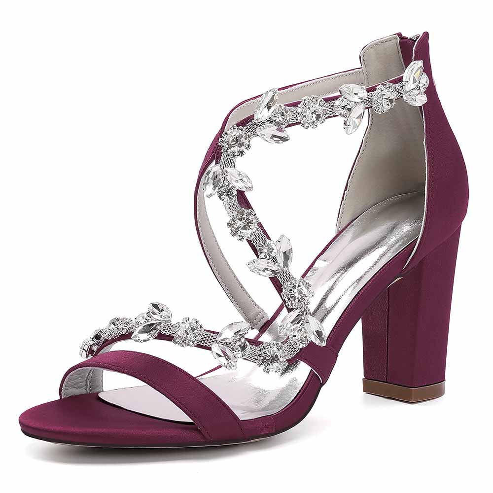 Dress Sandals Chunky Heel Open Toe Bridal Heels Crystal Crossing Straps Shoes