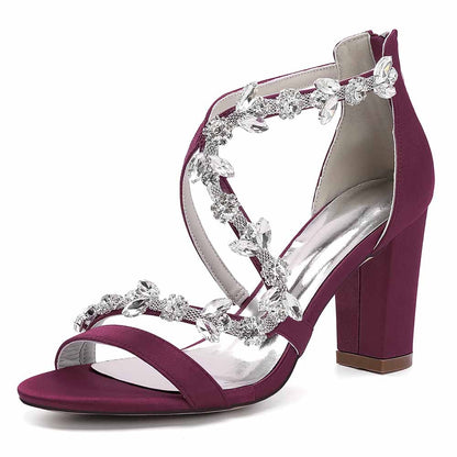 Dress Sandals Chunky Heel Open Toe Bridal Heels Crystal Crossing Straps Shoes