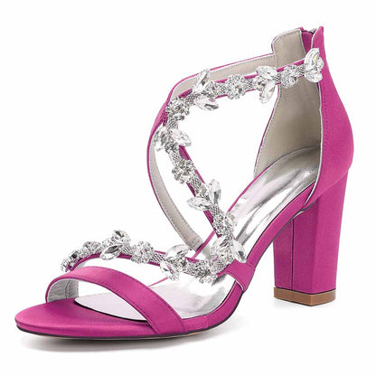 Dress Sandals Chunky Heel Open Toe Bridal Heels Crystal Crossing Straps Shoes