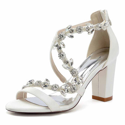 Dress Sandals Chunky Heel Open Toe Bridal Heels Crystal Crossing Straps Shoes