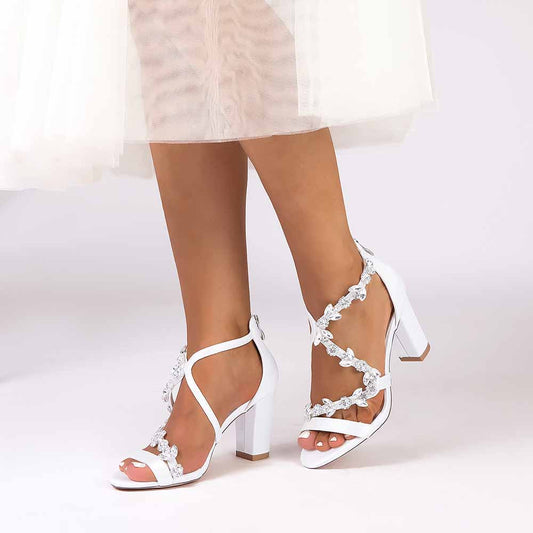 Dress Sandals Chunky Heel Open Toe Bridal Heels Crystal Crossing Straps Shoes