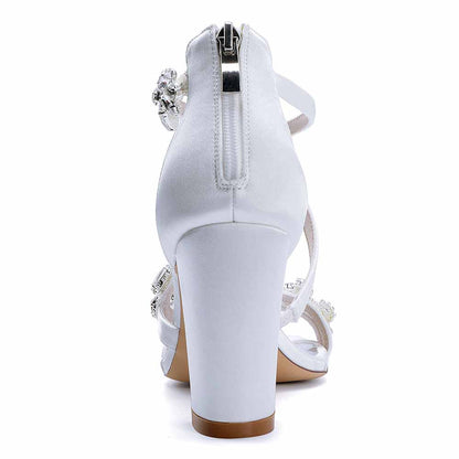 Dress Sandals Chunky Heel Open Toe Bridal Heels Crystal Crossing Straps Shoes