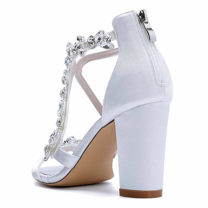Dress Sandals Chunky Heel Open Toe Bridal Heels Crystal Crossing Straps Shoes