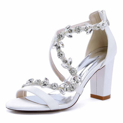 Dress Sandals Chunky Heel Open Toe Bridal Heels Crystal Crossing Straps Shoes