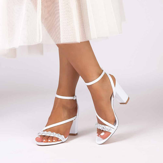 Dress Sandals Chunky Heel Wedding Heels Ankle Straps Shoes With Pearls