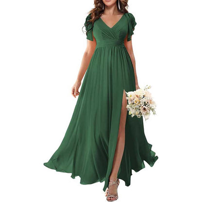Elegant Custom V-Neck Bridesmaid Dress Long Chiffon, Side Split, Short Sleeves