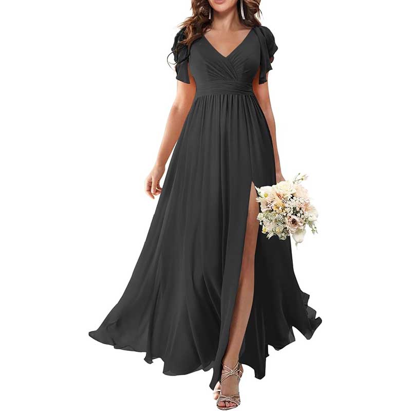 Elegant Custom V-Neck Bridesmaid Dress Long Chiffon, Side Split, Short Sleeves